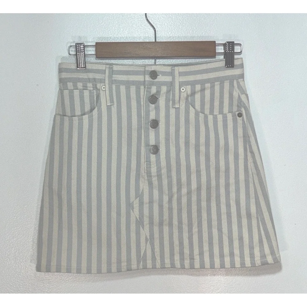 Madewell Stretch A-Line Mini Skirt Sz 25 Cream Blue Pompano Stripe Button L4493‎